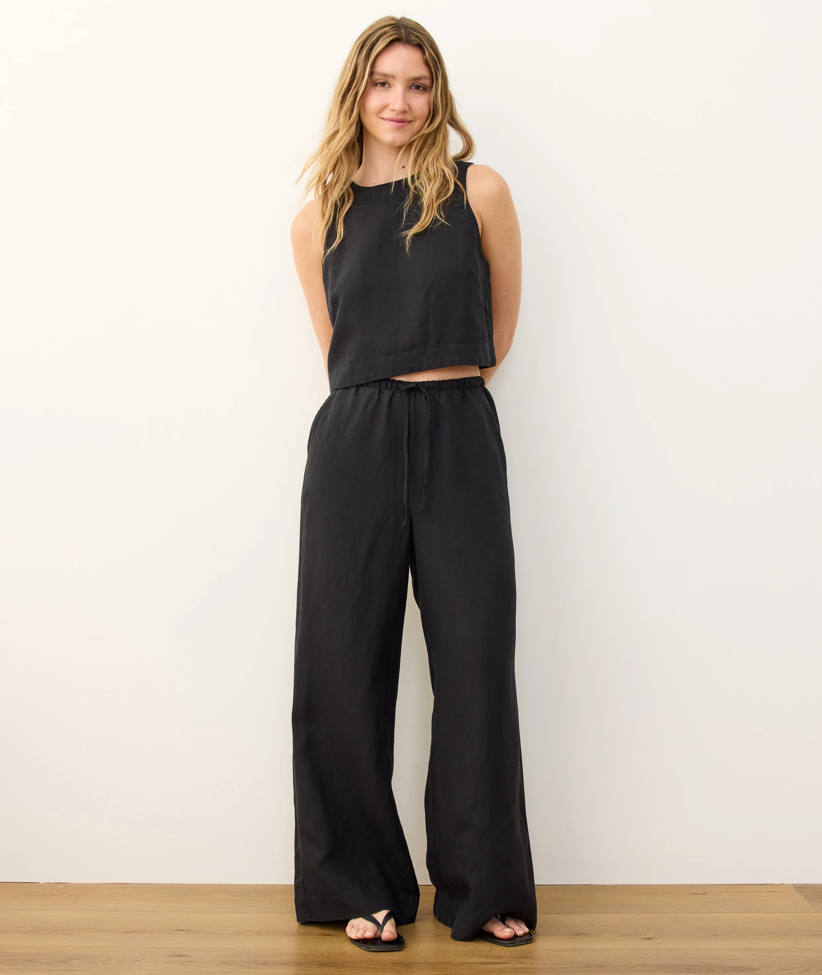 Linen Drawstring Wide Leg Pant - Image 2